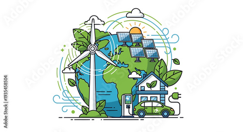 Vector illustration of eco-friendly earth with wind turbine, solar panels, and green car