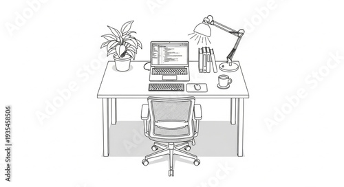 Desk with laptop and office supplies sketch.