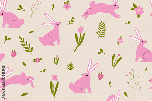Seamless pattern with cute pink bunnies and spring flowers. Vector illustration for card, packaging, textile, cover