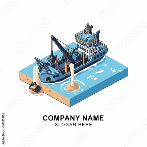 Isometric Illustration of Tugboat and Ship.