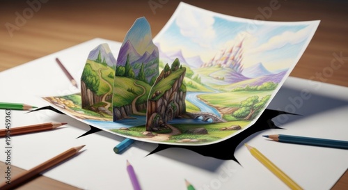A colorful, 3D pop-up book with a mountain range and castle on the cover, surrounded by pencils on a table.