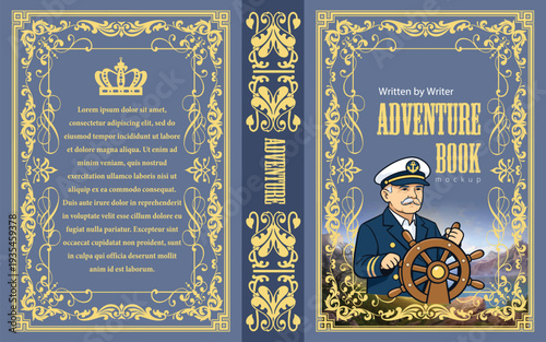 069-21-Nautical adventure book cover featuring a ship captain expertly steering a wooden wheel. No used AI