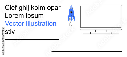 Technology integration, productivity tools, creativity, software development, space exploration, education. Minimalist image with a blue rocket, text and computer monitor. Technology