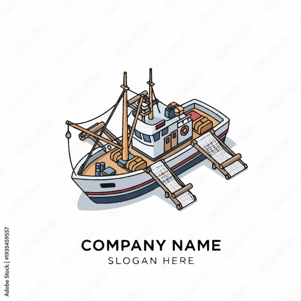 Obraz premium Illustration of a Fishing Boat with Nets.