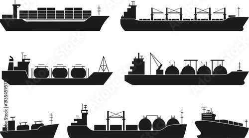 Cargo ship silhouette vector set, container vessel tanker ship maritime transport logistics illustration collection