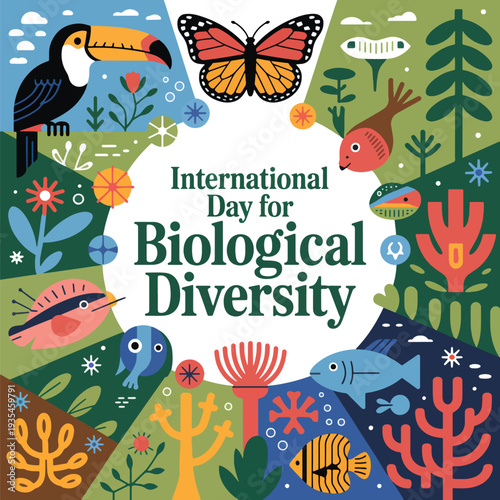 International Day for Biological Diversity is colorful with the biodiversity of animals and plants, toucan fish
