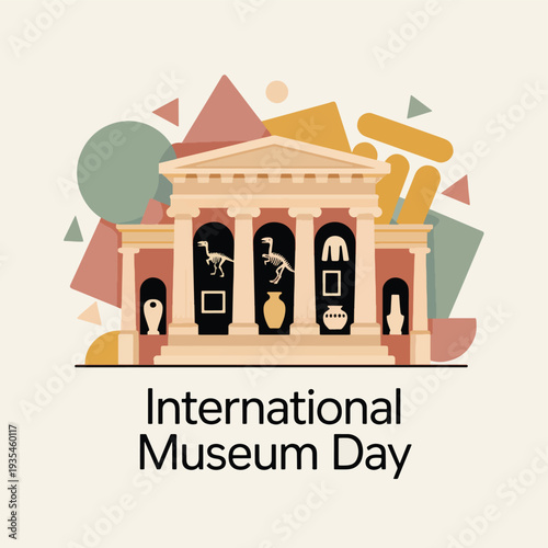 International Museum Day colorful museum building with a dinosaur skeleton and artifacts