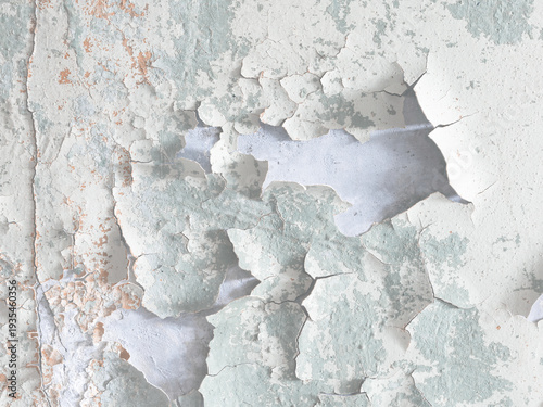 Peeling paint on the wall. Old concrete wall with cracked flaking paint. Weathered rough painted surface with patterns of cracks and peeling. High resolution texture for background and design. Closeup