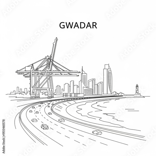 A line art illustration of the Gwadar cityscape with a port crane and highway