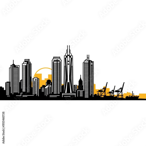 A black and white vector graphic illustration of a city skyline with a yellow sunset