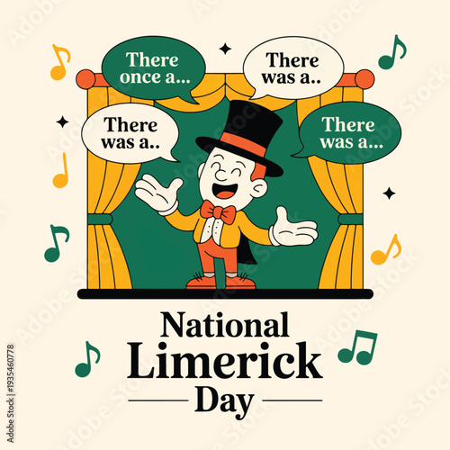 Cartoon man in a hat and bow tie on stage with speech bubbles for National Limerick Day poem verse