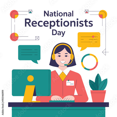National Receptionists Day of a woman wearing a headset at a desk computer