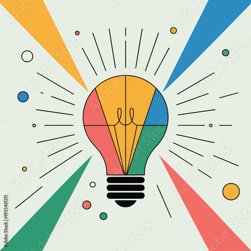 Colorful lightbulb with rays and dots idea