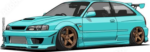 A sleek, turquoise sports car with bronze wheels parked on a plain background, viewed from the front at an angle.