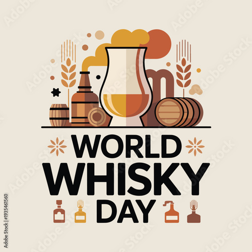 Whisky Day celebration with whisky glass barrels and wheat alcohol drink
