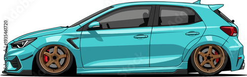 Illustration of a turquoise hatchback car with bronze wheels on a white background from a side view