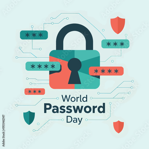 Padlock with asterisks and shields for Password Day password security, digital security, cybersecurity