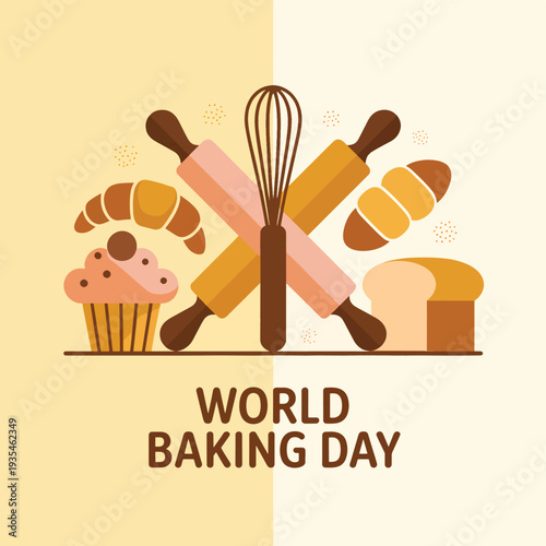 Baking Day with baked goods and tools, croissant, cupcake bread 