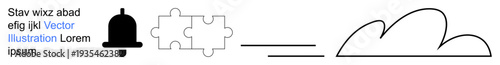 Notifications, problem-solving, cloud storage, reminders, teamwork, cloud computing. Black bell icon, two puzzle pieces horizontal line and simple cloud shape. Notifications and problem-solving