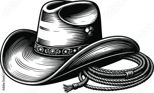 Cowboy hat with lasso illustration, western rodeo vintage style vector, wild west ranch hat design