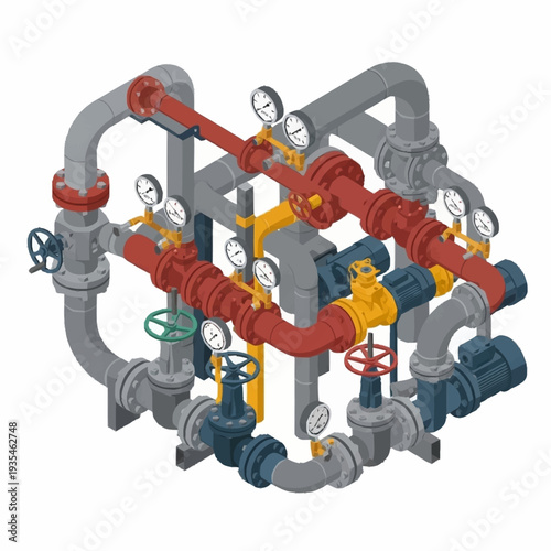 Industrial Piping System with Valves and Gauges.