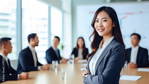 会議室で自信を持って立つビジネスリーダーの女性