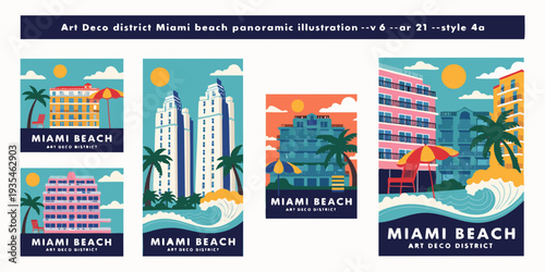 USA, US, U.S, United States - Set of cards “Art Deco district Miami beach panoramic illustration banner, card, flyer

