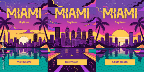 USA, US, U.S, United States - Set of cards “Miami skyline dusk purple neon glow, ultra-wide vector illustration banner, card, flyer

