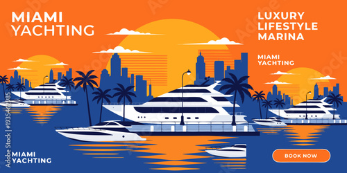USA, US, U.S, United States - Set of cards “Luxury yachts marina Miami sunset, ultra-wide minimal vector banner, card, flyer

