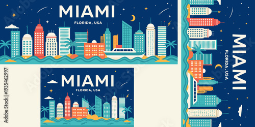 USA, US, U.S, United States - Set of cards “Miami skyline night reflection over ocean, panoramic flat vector banner, card, flyer

