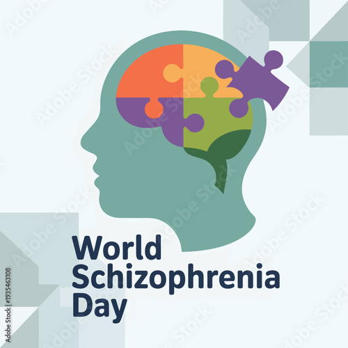 Silhouette head with colorful puzzle brain and Schizophrenia Day text head silhouette puzzle pieces