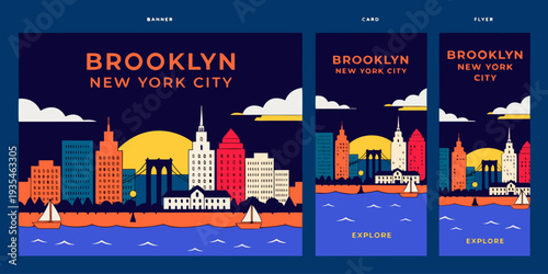 USA, US, U.S, United States - Set of cards “Brooklyn skyline waterfront at sunset, ultra-wide flat vector banner, card, flyer

