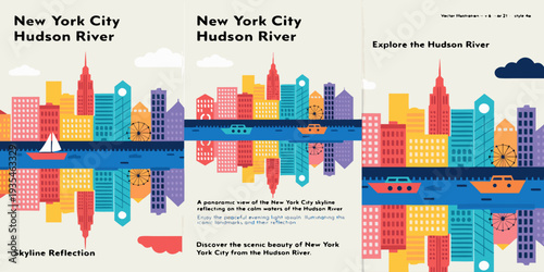 USA, US, U.S, United States - Set of cards “Hudson River reflection skyline panorama, flat vector illustration banner, card, flyer

