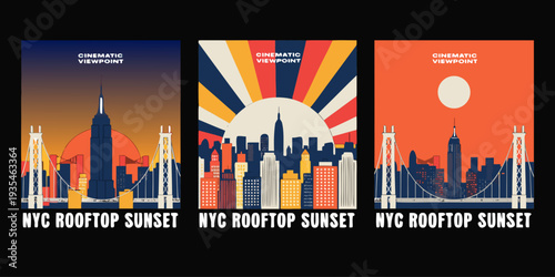 USA, US, U.S, United States - Set of cards “NYC rooftop sunset cinematic view, panoramic gradient sky, flat vector banner, card, flyer

