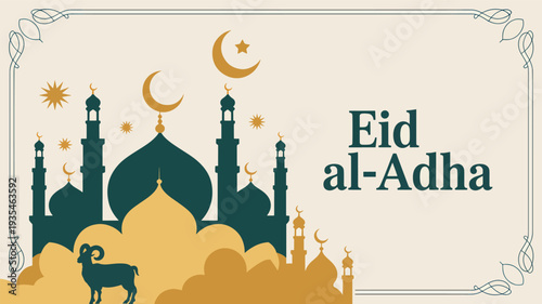Islamic Eid al- Adha greeting with mosque silhouette, ram, and crescent moon Eid al-Adha Muslim