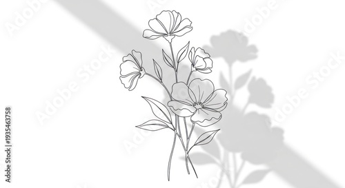 A black and white line drawing of a bouquet of flowers with a shadow on a white background.