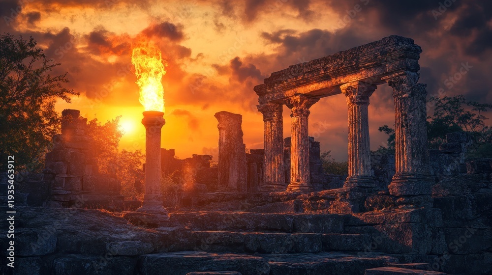 Fototapeta premium Ancient ruins ablaze at sunset. Dramatic fiery torch illuminates crumbling columns in the fading light