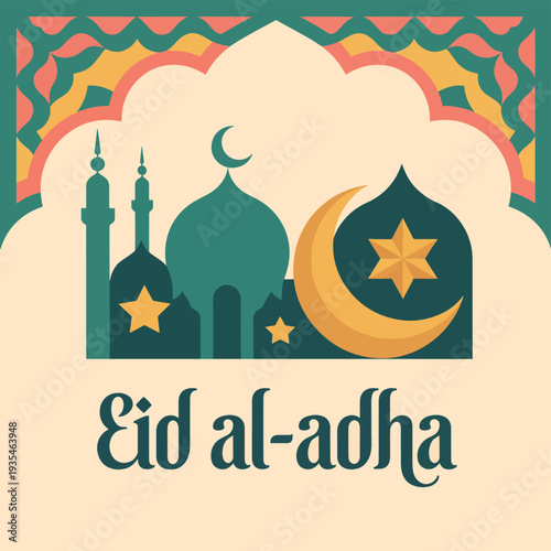 Islamic Eid al-Adha festival greeting with mosque crescent moon and stars Eid al-Adha