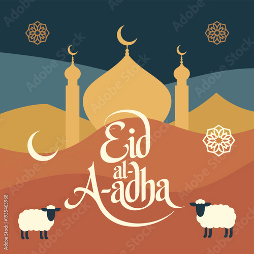Eid al- Adha greeting with mosque crescent moon and sheep Eid al-Adha Islamic holiday