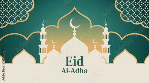 Islamic Eid Al Adha greeting with mosque silhouette and crescent moon minaret