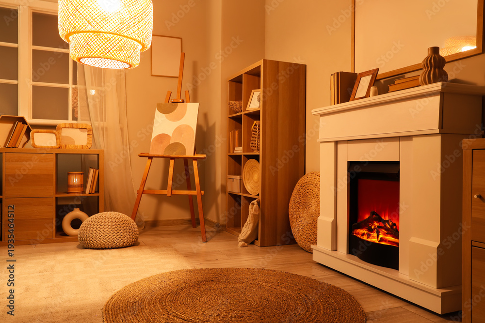 Fototapeta premium Interior of living room with fireplace, shelf unit and glowing lamp in evening