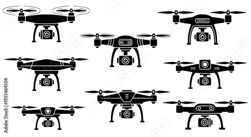Drone Silhouette Vector Set – Black UAVs with Cameras for Photography & Technology