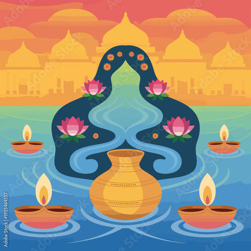 Indian festival scene with floating diyas, lotus flowers, and temple silhouette diwali lamp