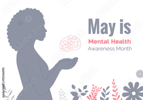 Mental Health Awareness Month Concept with Woman Silhouette and Brain Illustration