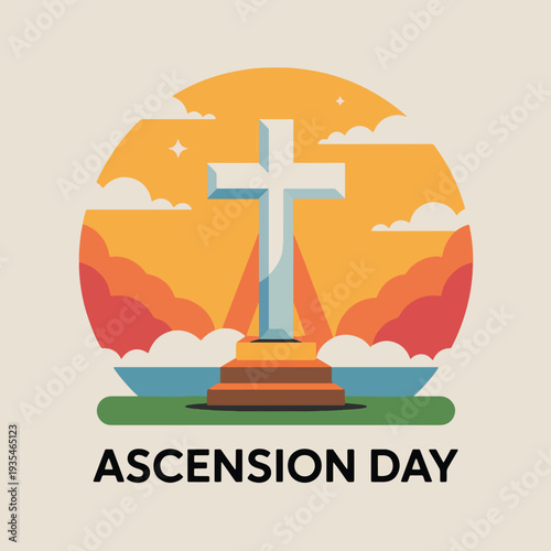 White cross on tiered platform against sunset sky and clouds, Christianity, religion, Ascension Day