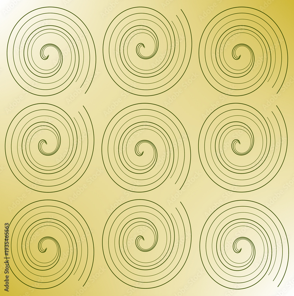 Fototapeta premium Seamless abstract pattern featuring repeating spiral line shapes arranged in a grid on a warm beige background. Minimal geometric illustration with a retro-inspired aesthetic.