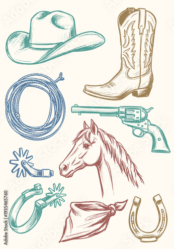 Rustic hand-drawn vector graphic showcasing various classic Western and cowboy elements like a hat, boot, horse, lasso, gun, bandana, spurs, horseshoe