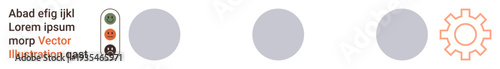 Workflow process, decision making, system design, technical concepts, user interfaces, business efficiency. Traffic light, circles and gear on white. workflow process and decision making