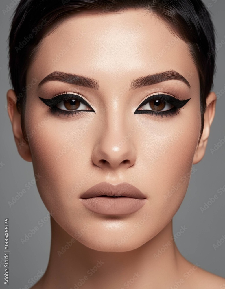 Fototapeta premium Striking Studio Beauty Portrait close up face woman, Bold Winged Eyeliner, Matte Nude Lips, Short Dark Hair, High-Fashion Glamour, studio