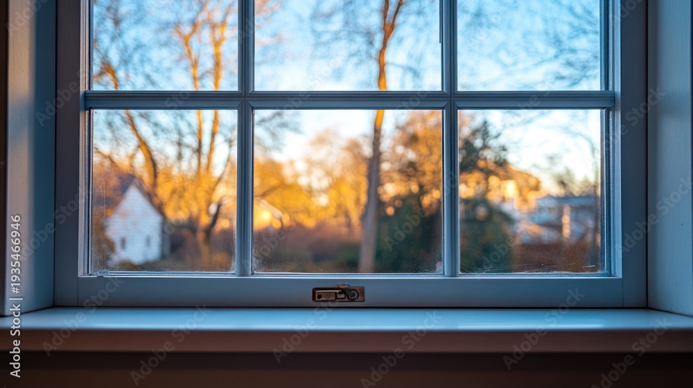 Fototapeta premium Window view of sunset on trees and houses